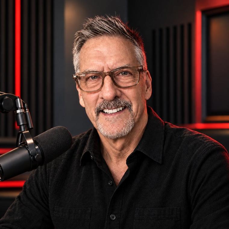 David Temple smiling beside his studio microphone
